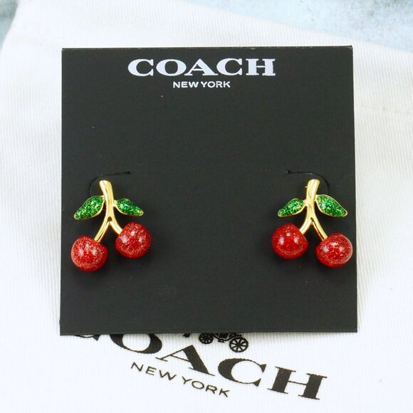 Coach Red Glitter Cherry Stud Earrings Gold Plated - Picture 1 of 6